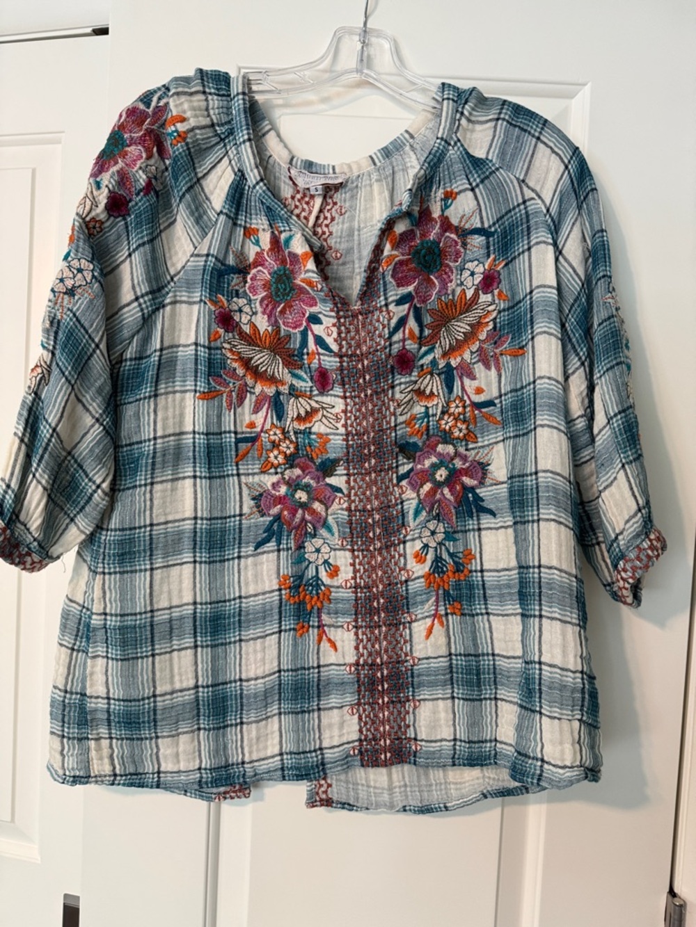 Johnny Was Teal & White Plaid Embroidered Peasant Tunic. 100% cotton button down